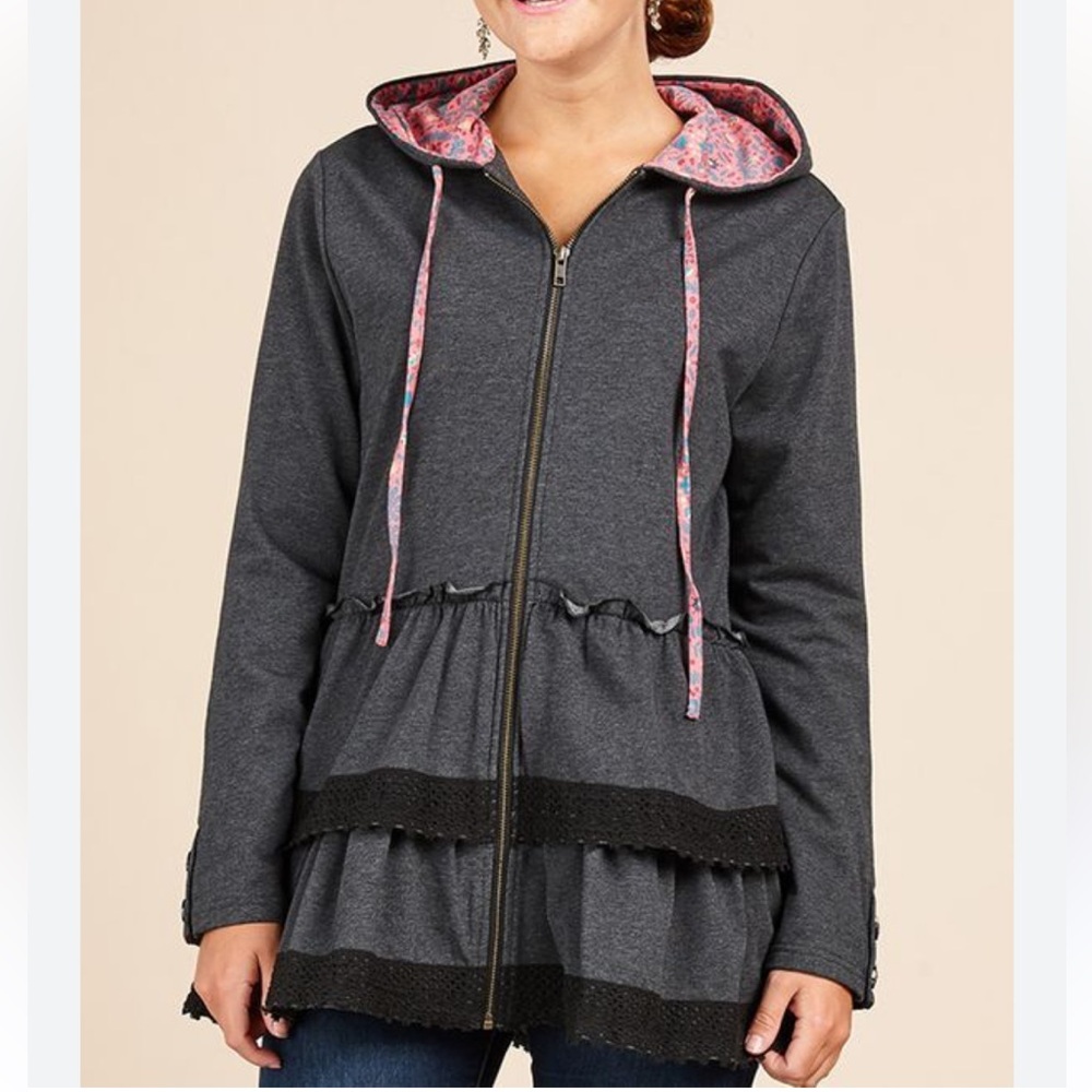 Matilda Jane charcoal gray hooded zip-front layered jacket with pink accents